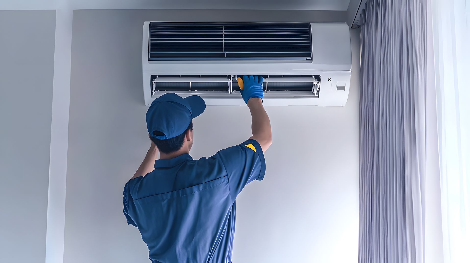 Technician in a blue uniform adjusts the panel of a wall-mounted mini-split during AC installation.