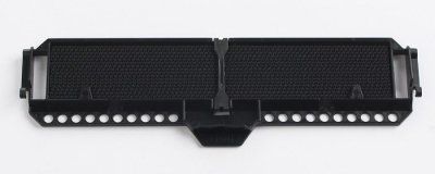 Black rectangular speaker grille with a row of white buttons along the bottom edge