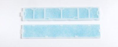 Two light blue rectangular strips with segmented sections on a white background