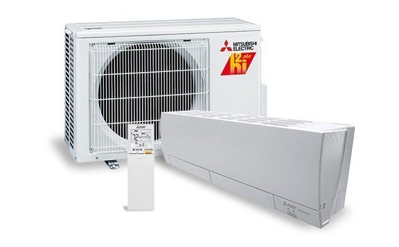 White Mitsubishi air conditioner indoor and outdoor units with remote control on a white background