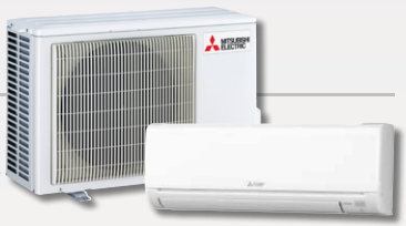 Mitsubishi Electric outdoor AC unit and white indoor wall-mounted air conditioner
