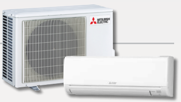 White Mitsubishi air conditioner outdoor and indoor units on a plain background