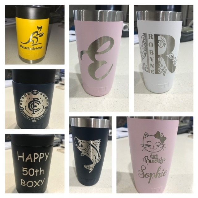 Collage of personalized tumblers in black, yellow, pink, and white with monograms and names — Advanced Poly in Darwin, NT