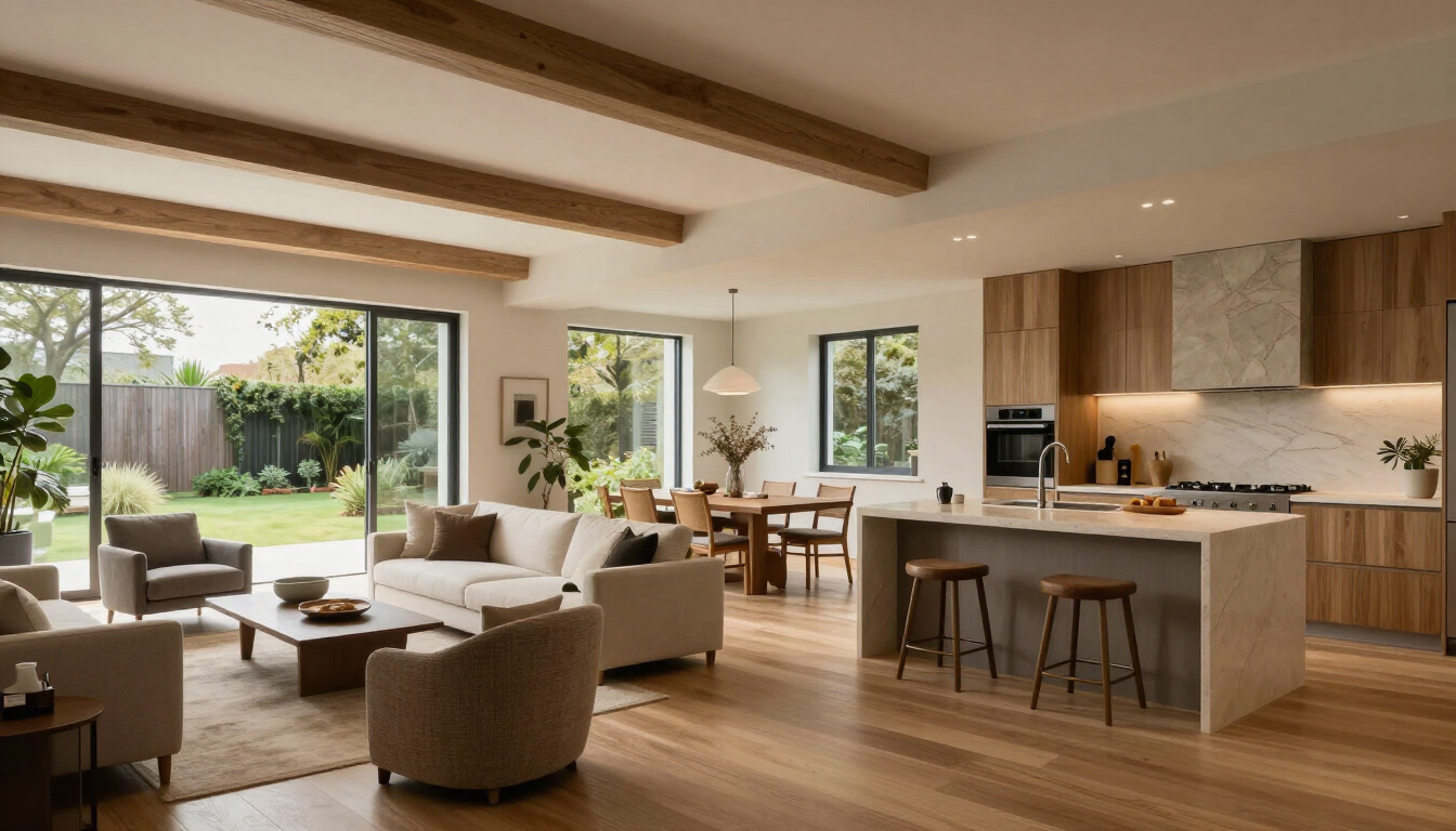 Bright open-plan living room and kitchen with wood beams, large windows, and a cozy neutral sofa area.