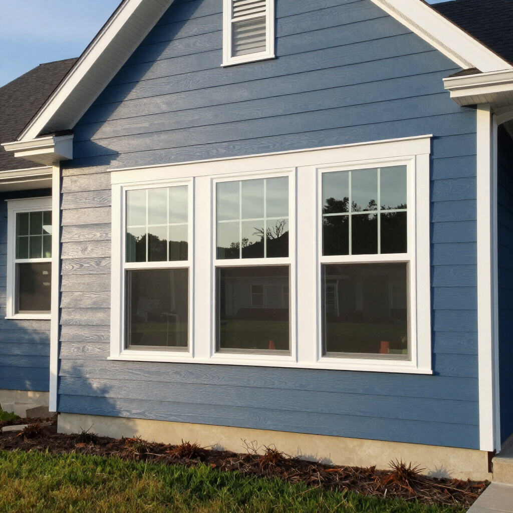 Blue house exterior with white-trim windows and a front lawn.