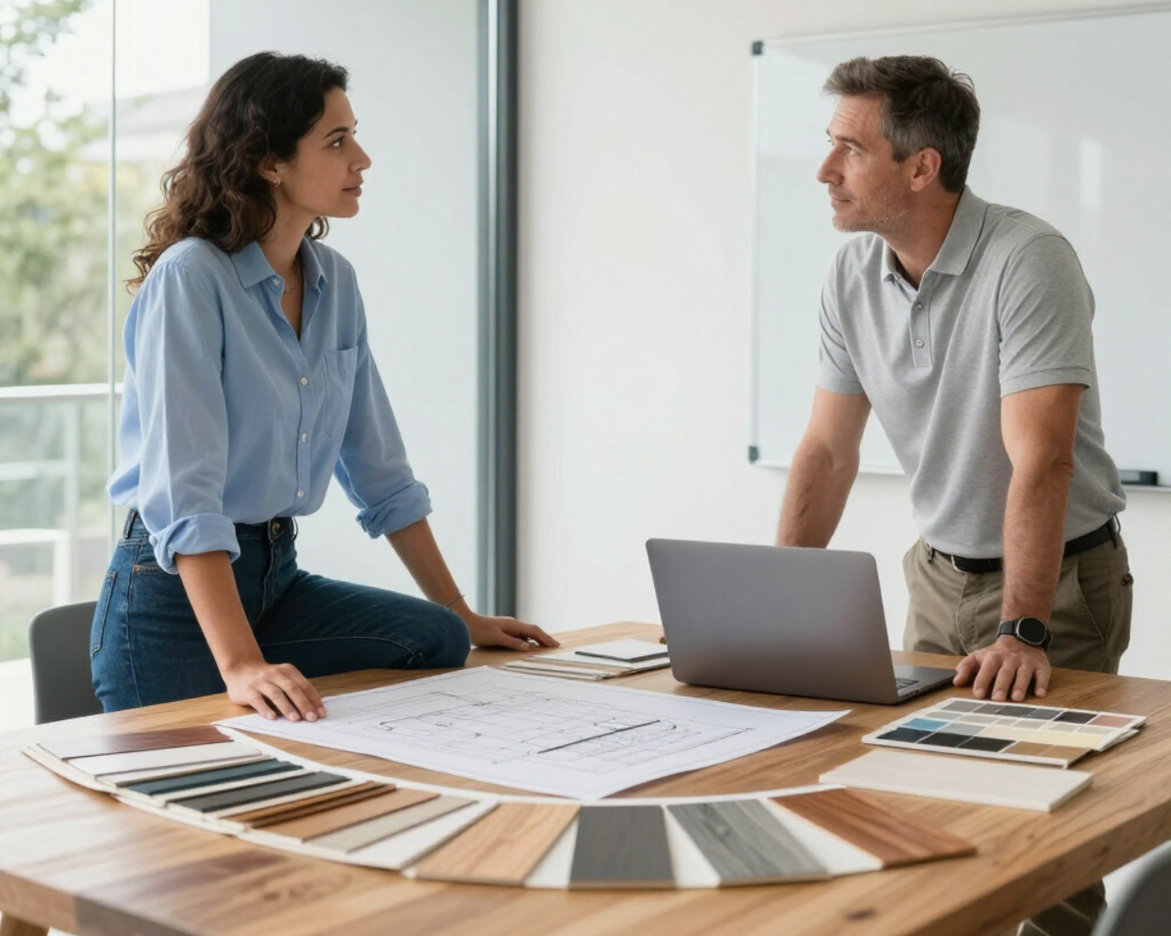 Two coworkers discussing design layouts at a table in a bright office with a laptop and whiteboard.