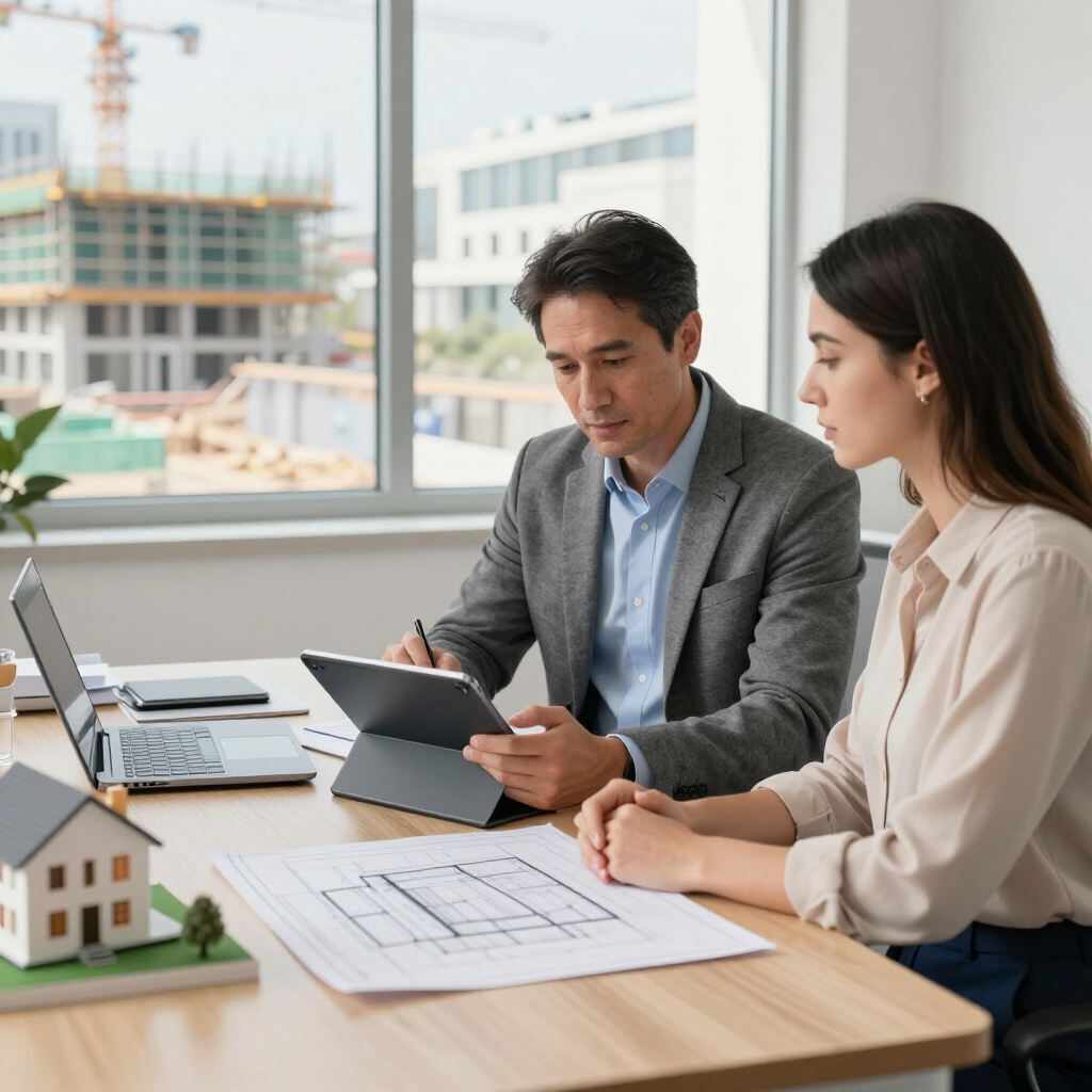Two coworkers reviewing a building plan at a desk with a laptop and model house in a bright office