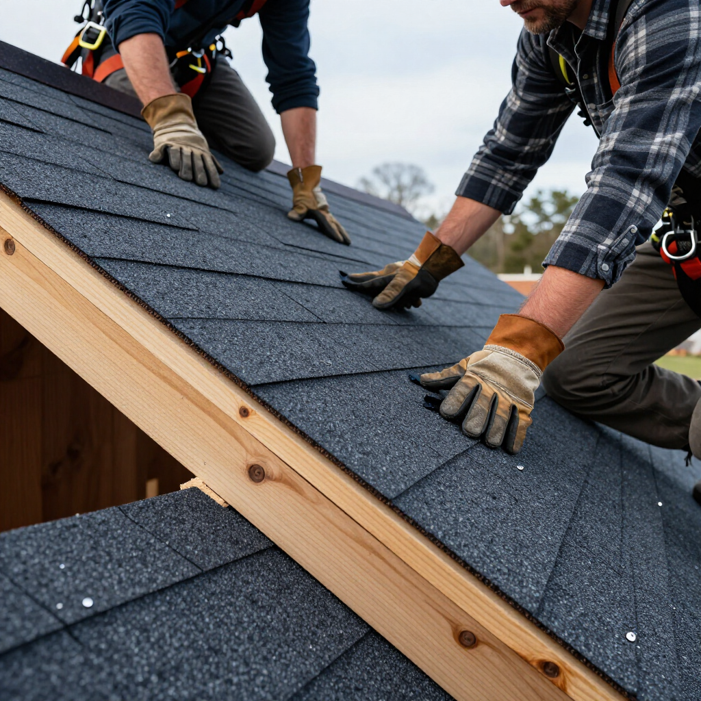Roofers installing dark shingles on a house roof