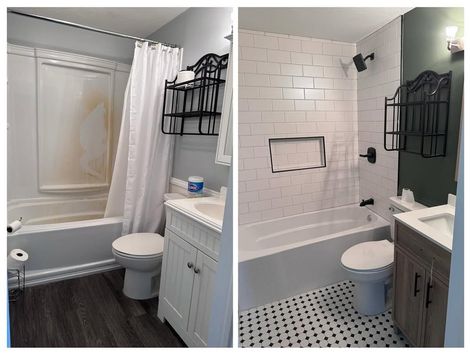 Bathroom renovation before and after: white tiled shower, new fixtures, dark floor tiles, dark green wall.