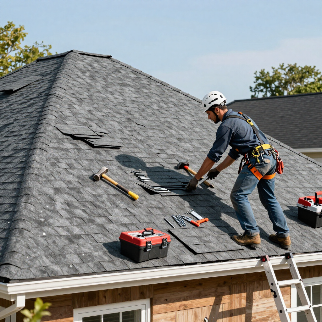 Roofing worker installing gray shingles on a house roof with tools nearby