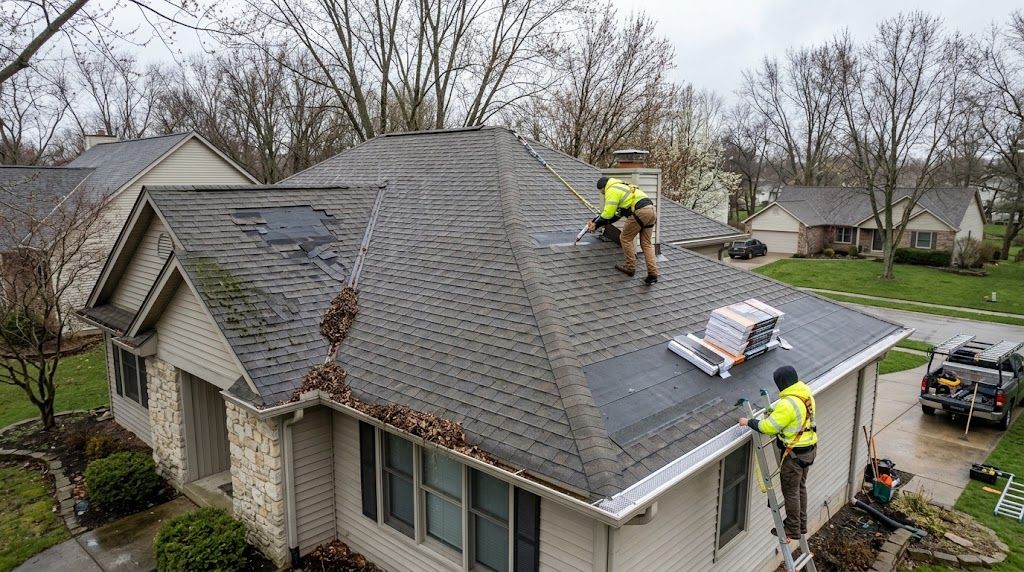 Roofers working on gray shingle roof of a house with a rooftop material bundle and ladder by the gutter