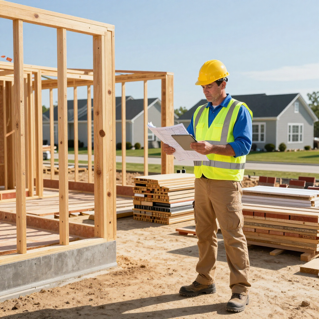 Construction worker in yellow hard hat reviewing plans at a house frame site