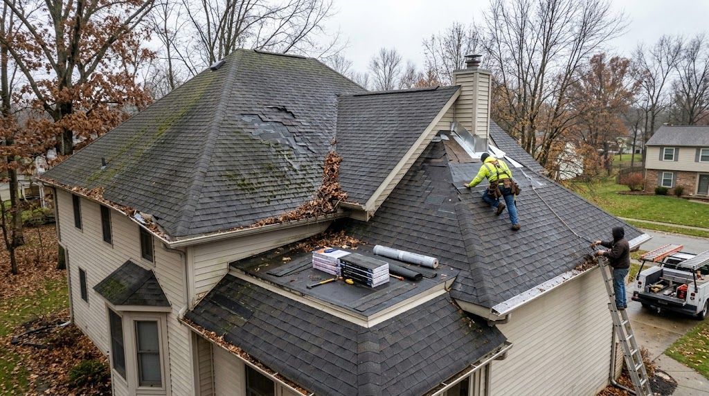 Workers replacing shingles on a steep roof with ladders and tools on an overcast day