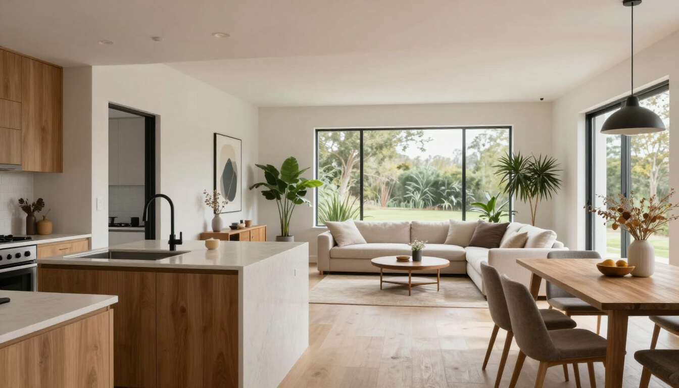 Modern open-plan living room and kitchen with neutral decor, large windows, and wood dining table