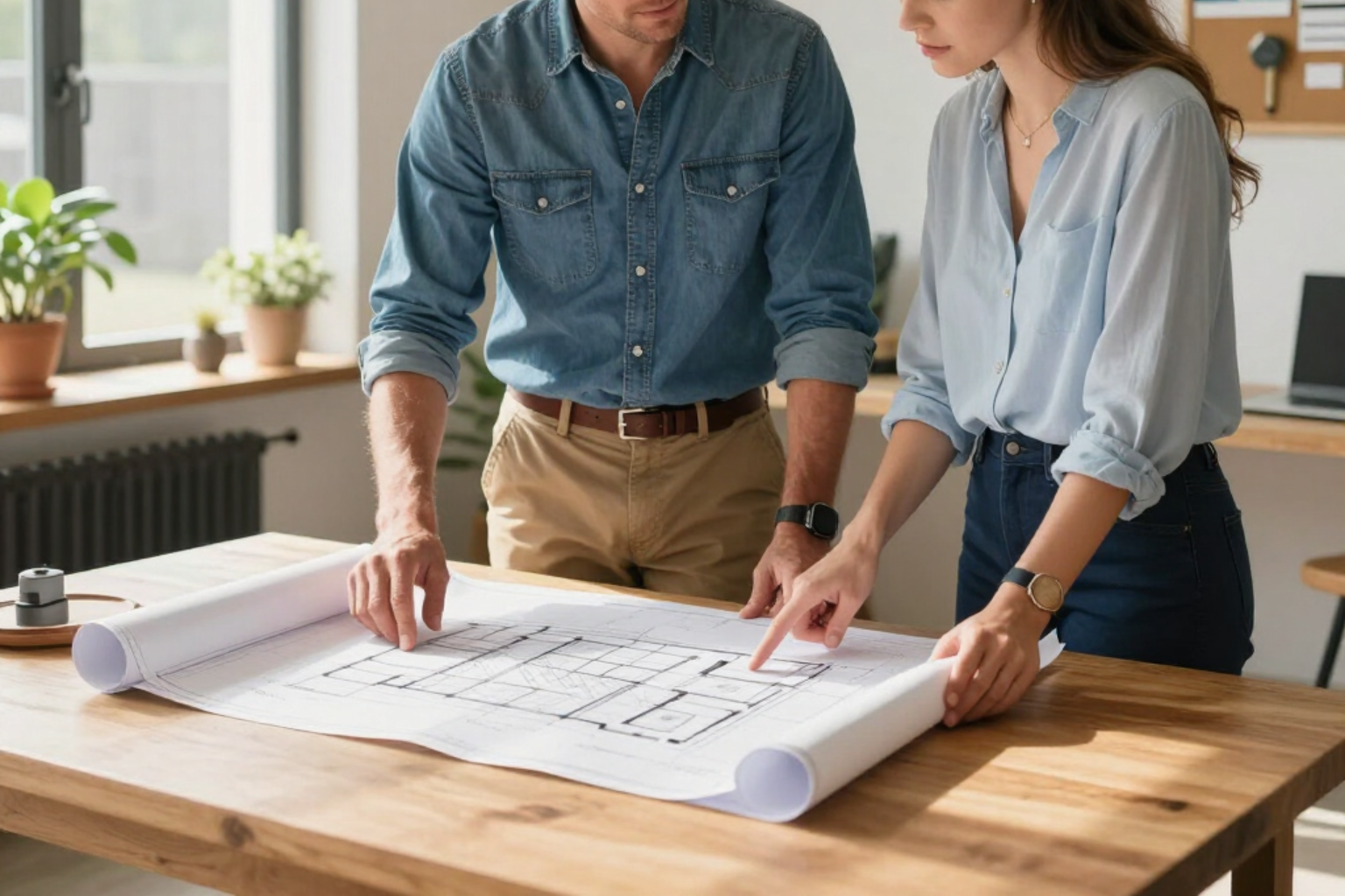 Two people reviewing blueprints on a wooden table in a bright office or workshop.