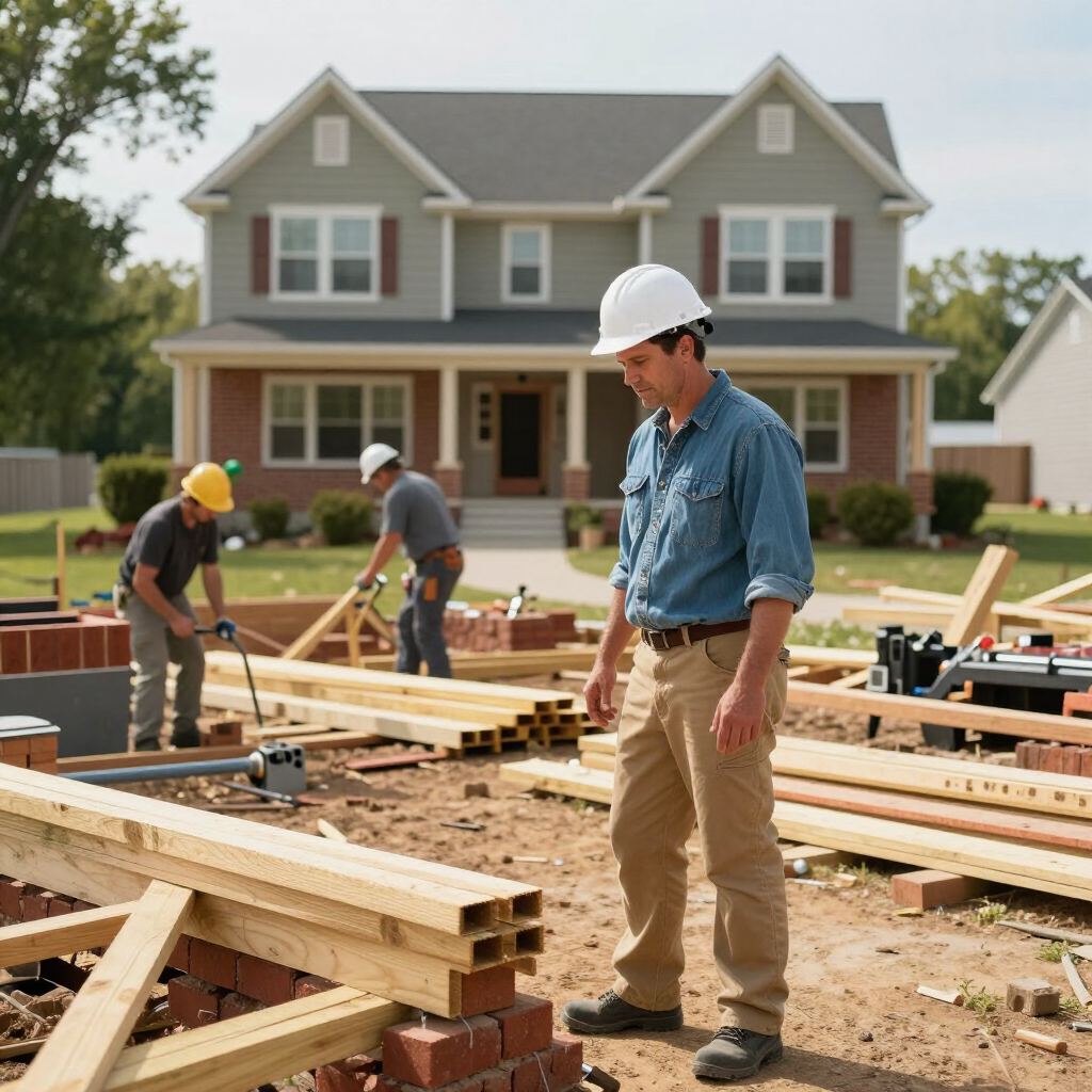 Construction workers framing a house foundation in front of a two-story suburban home