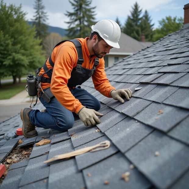 Roofer wearing safety gear, working on a dark gray shingle roof.
