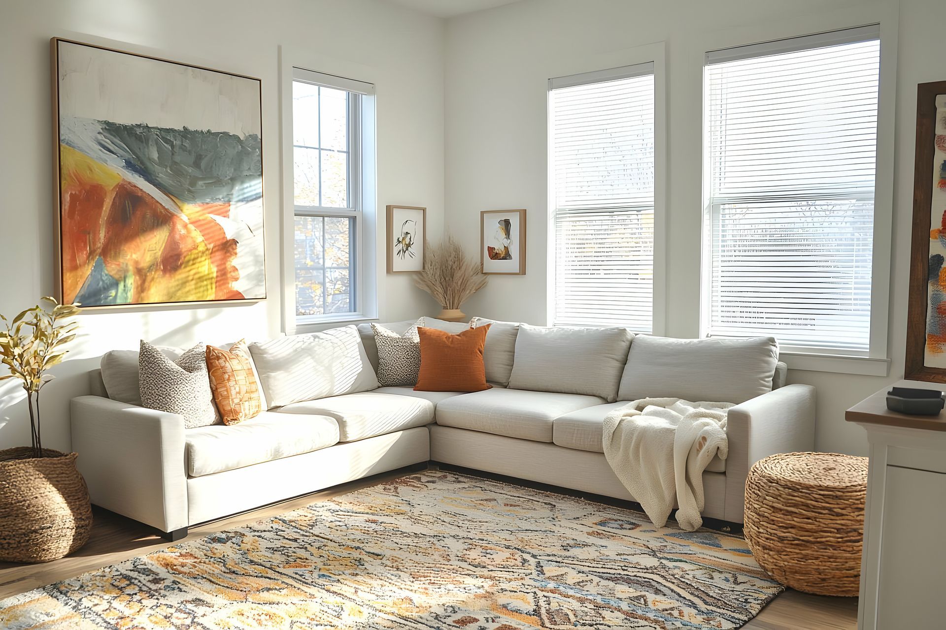 A light-filled living room with a sectional sofa, rug, artwork, and windows.