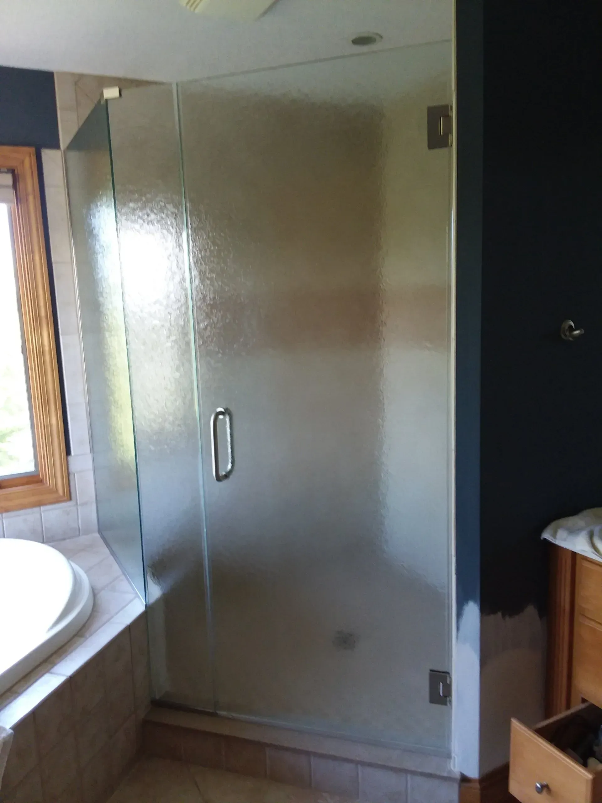 Bathroom with frosted glass shower door, sink edge at left, and wooden vanity at right.