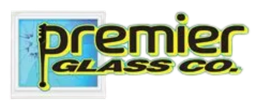 Premier Glass Co. logo with yellow and black text over a blue window icon