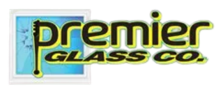 Premier Glass Co. logo with yellow and black text over a blue window icon