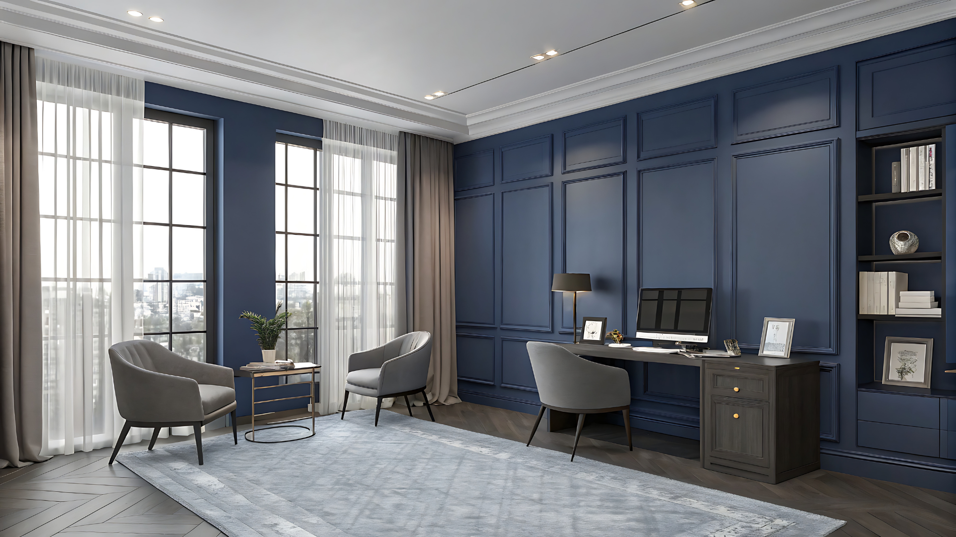 Elegant home office with blue paneled walls, desk, chairs, and large windows.