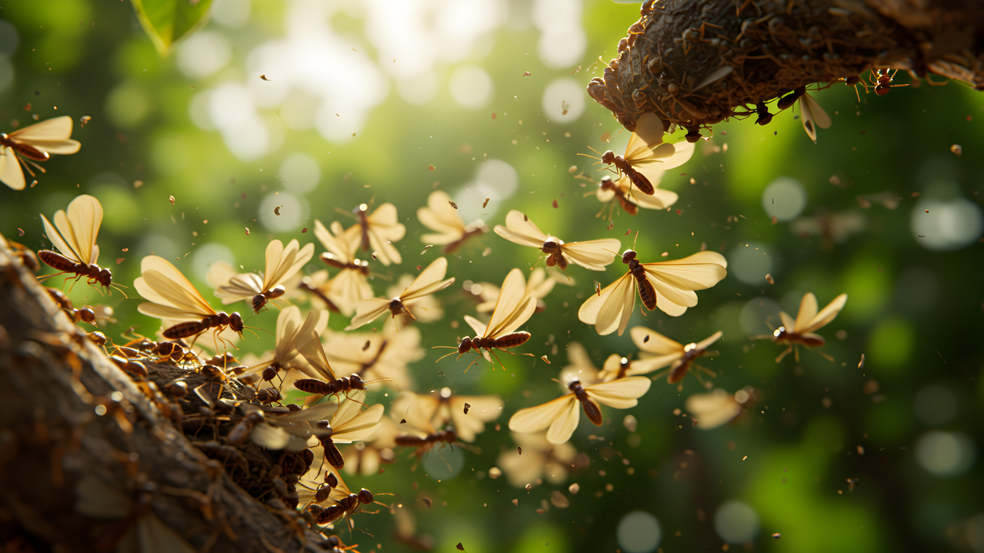Swarm of winged termites emerging from a tree branch, illuminated by sunlight.