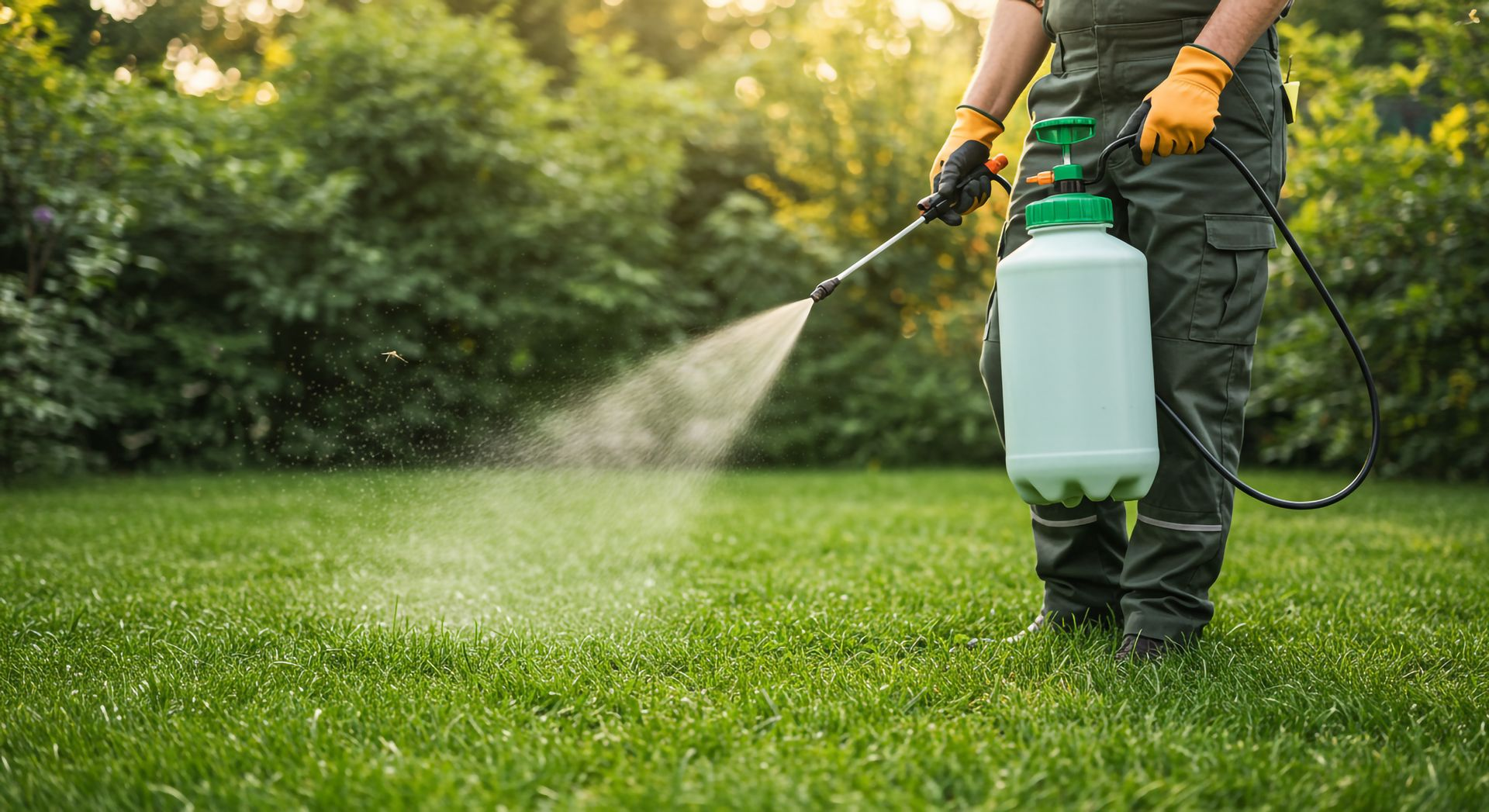 person wearing gloves spraying lawn with garden sprayer for weed and pest control