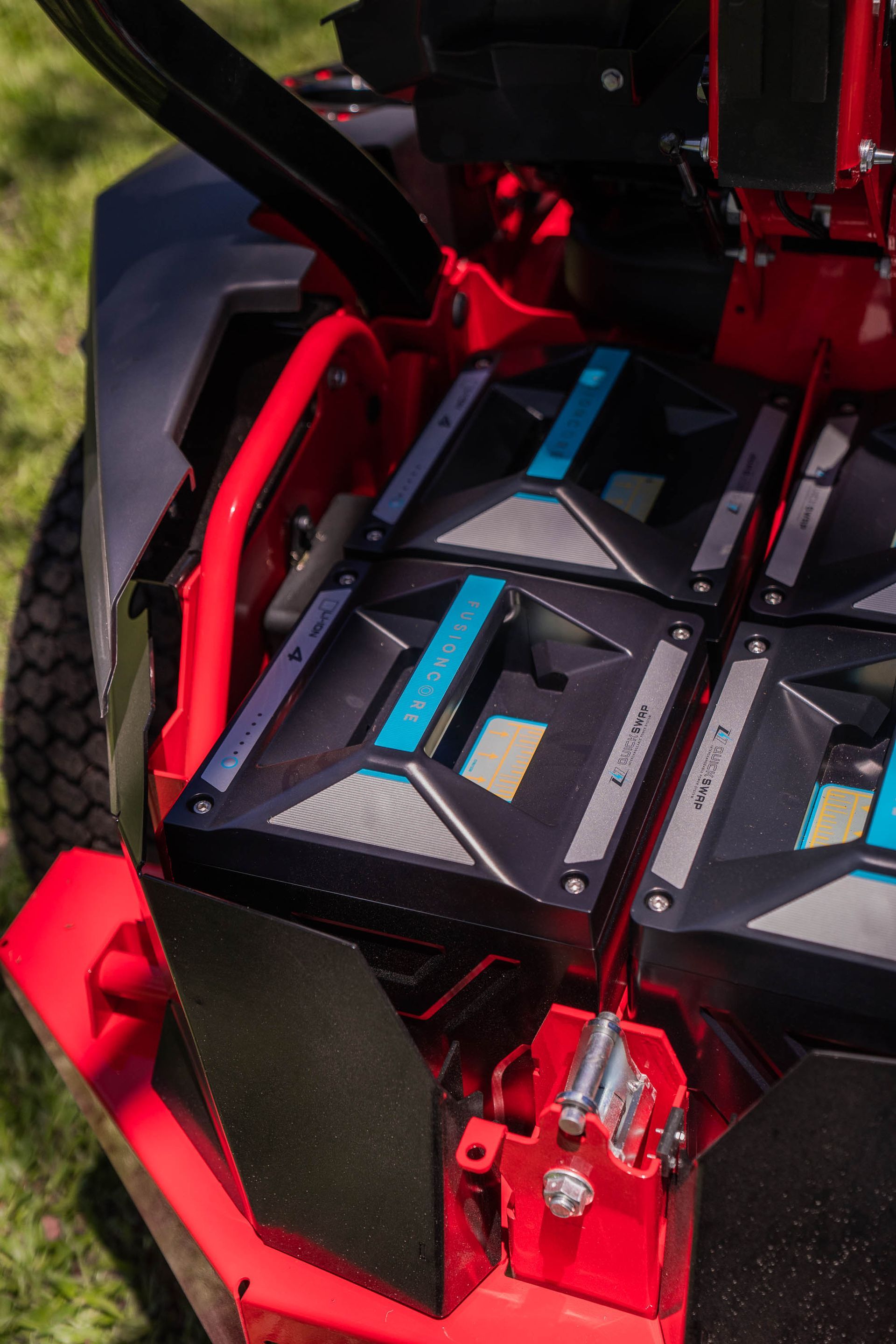 two large black fusion core batteries for electric mowers