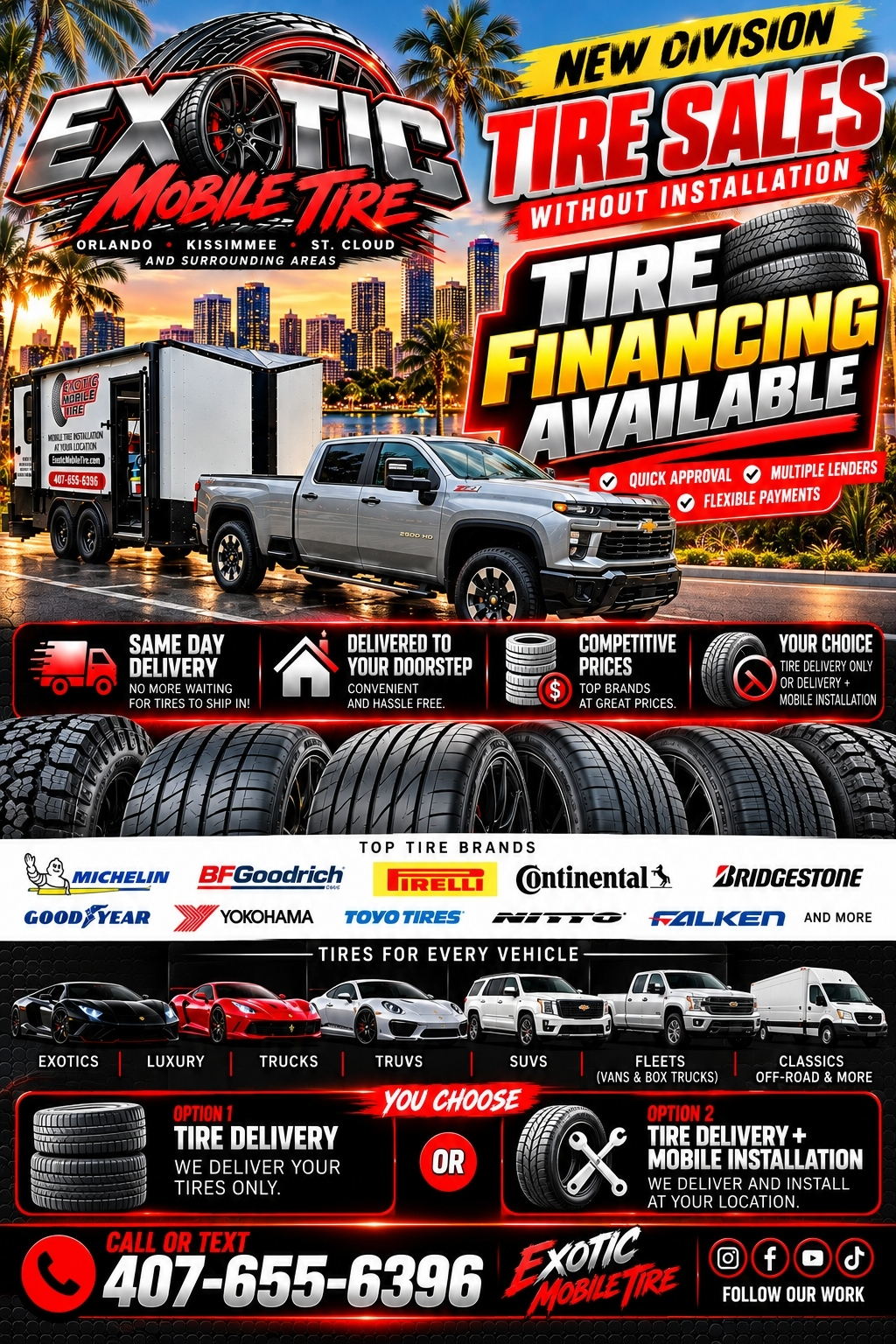 Exotic Mobile Tire sales ad with tire financing, service icons, and contact info in black, red, and orange.
