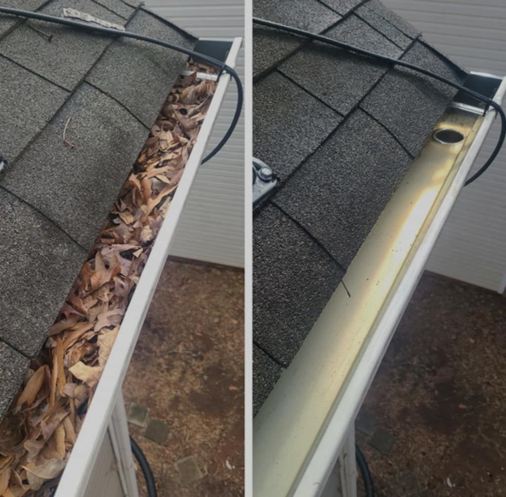 A before and after picture of a gutter with leaves on it