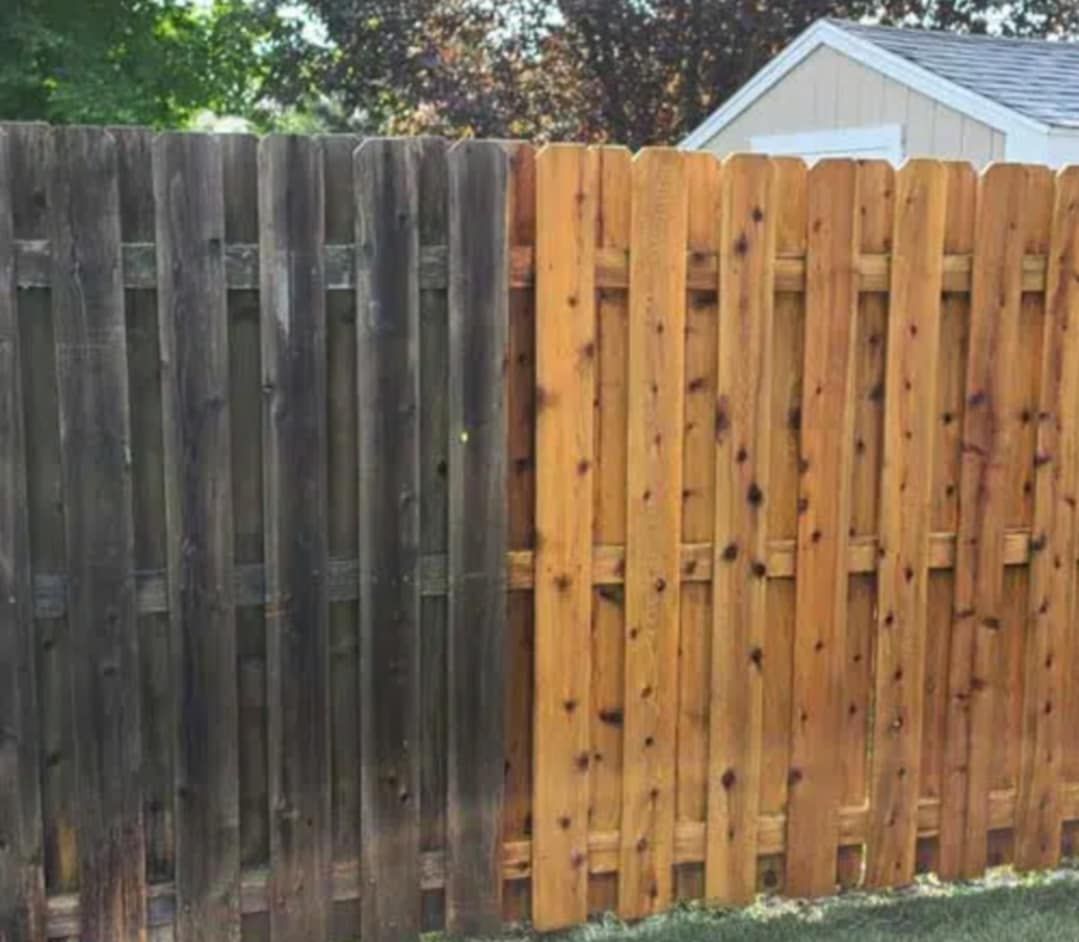 A before and after picture of a wooden fence.