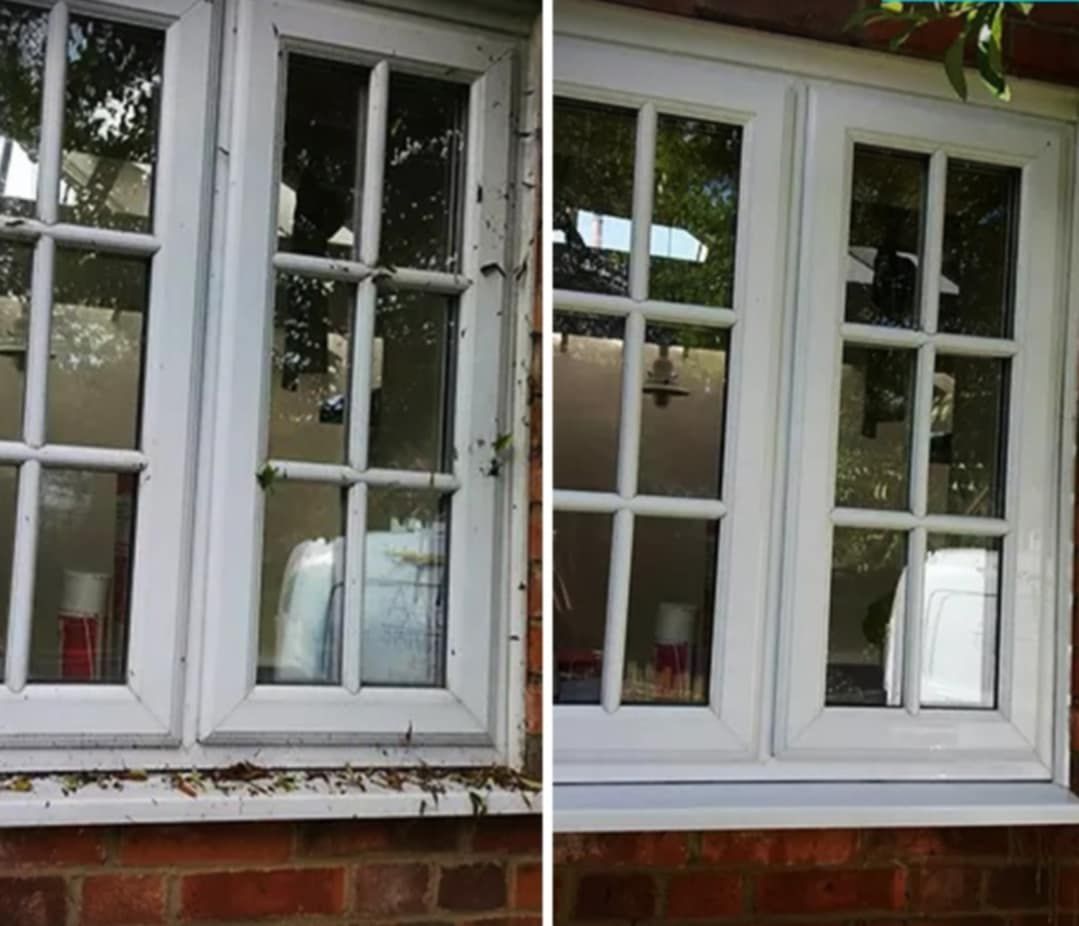 A before and after picture of a window on a brick wall.
