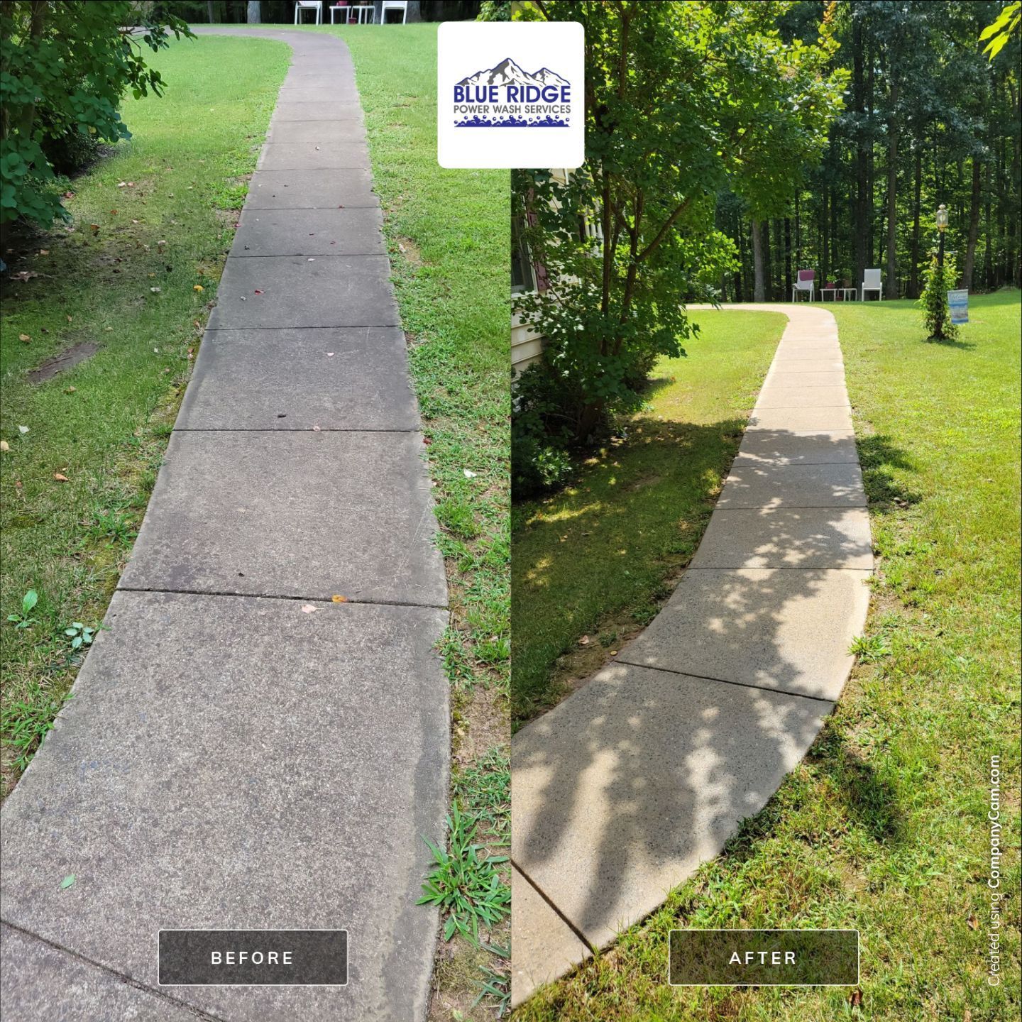 A before and after photo of a concrete walkway