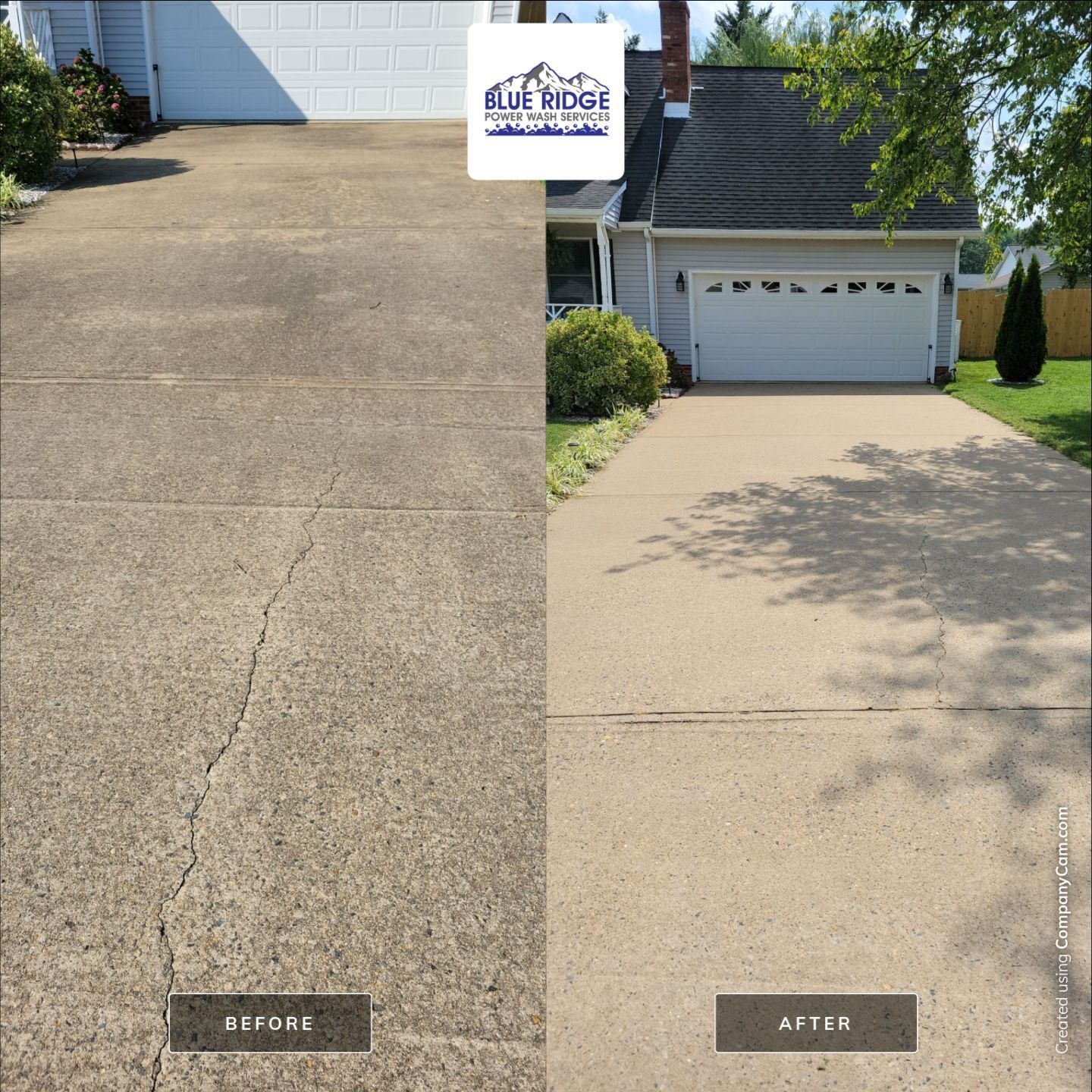 A before and after photo of a concrete driveway