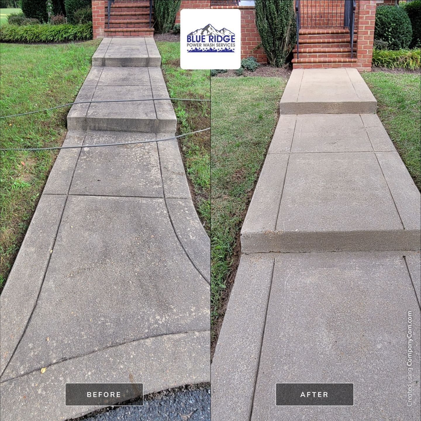A before and after photo of a concrete walkway.