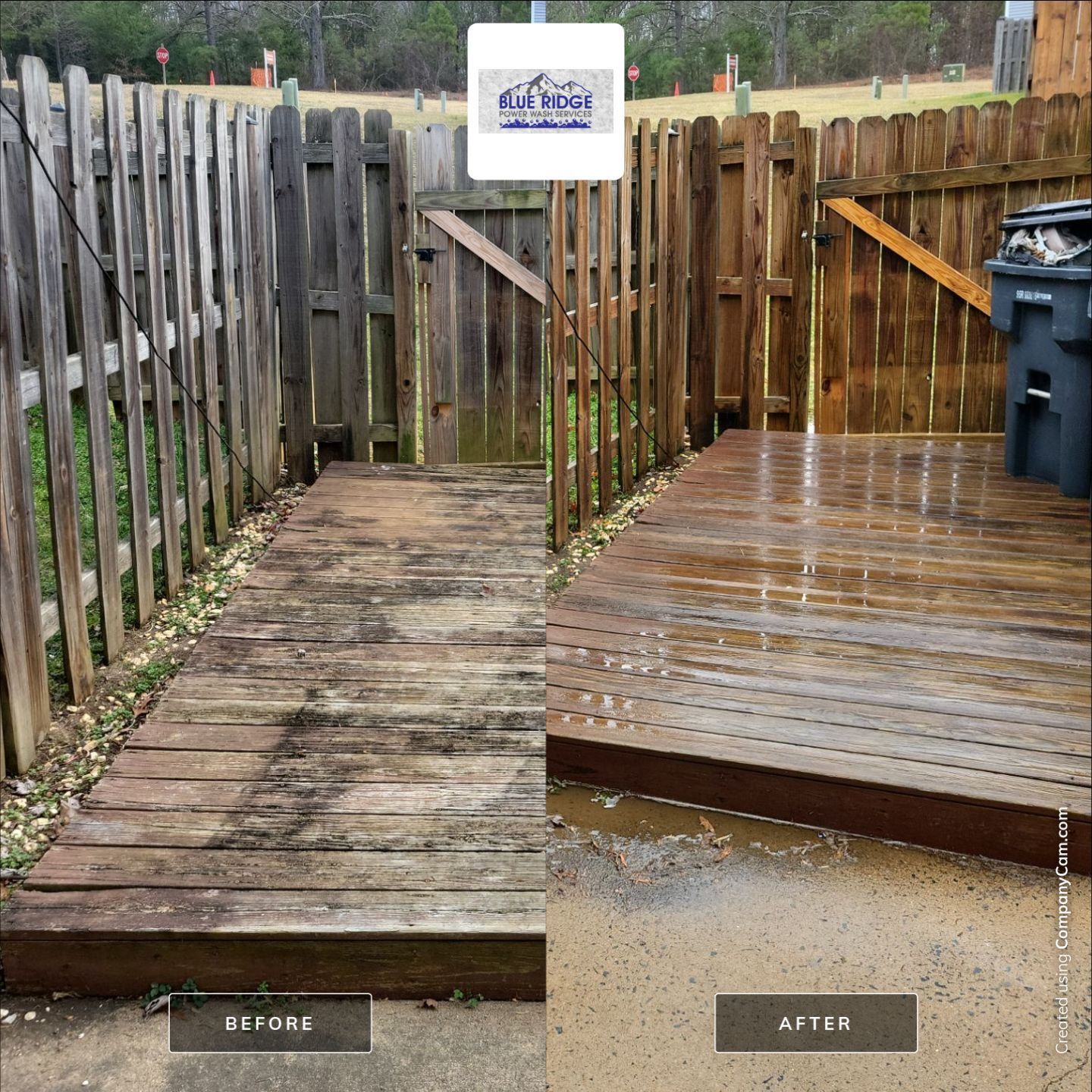 A before and after photo of a wooden deck with a fence in the background.