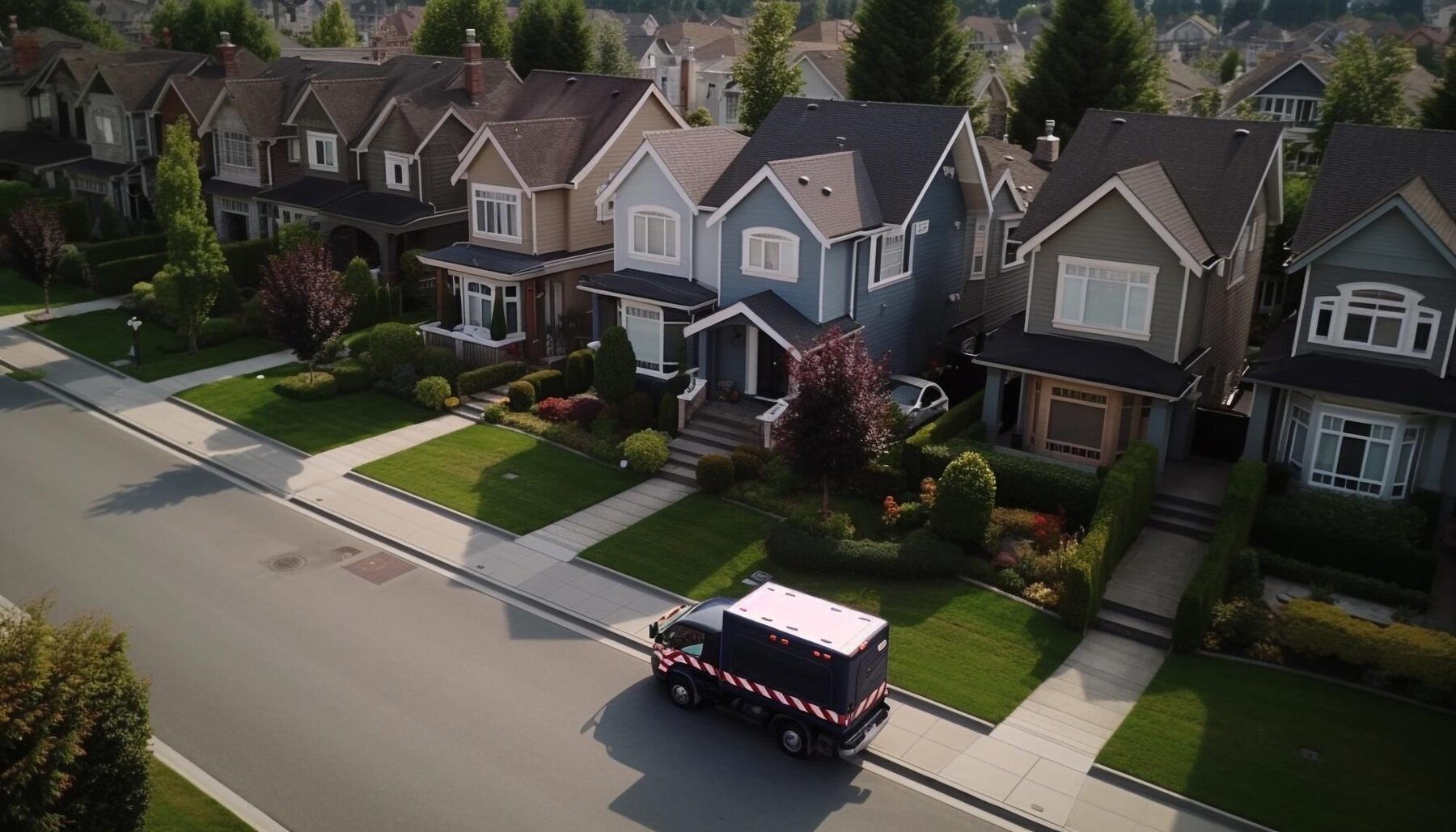 An aerial view of a delivery truck driving down a residential street.