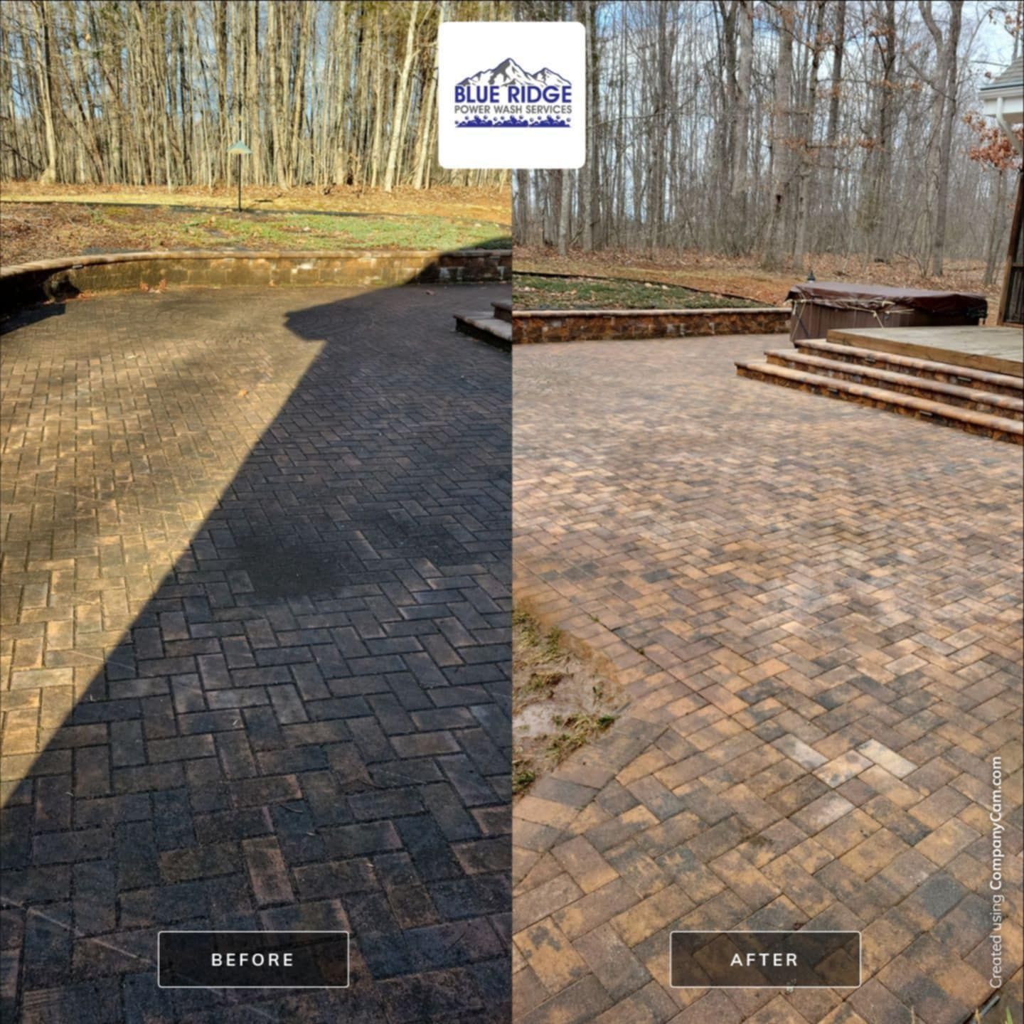 A before and after photo of a brick patio