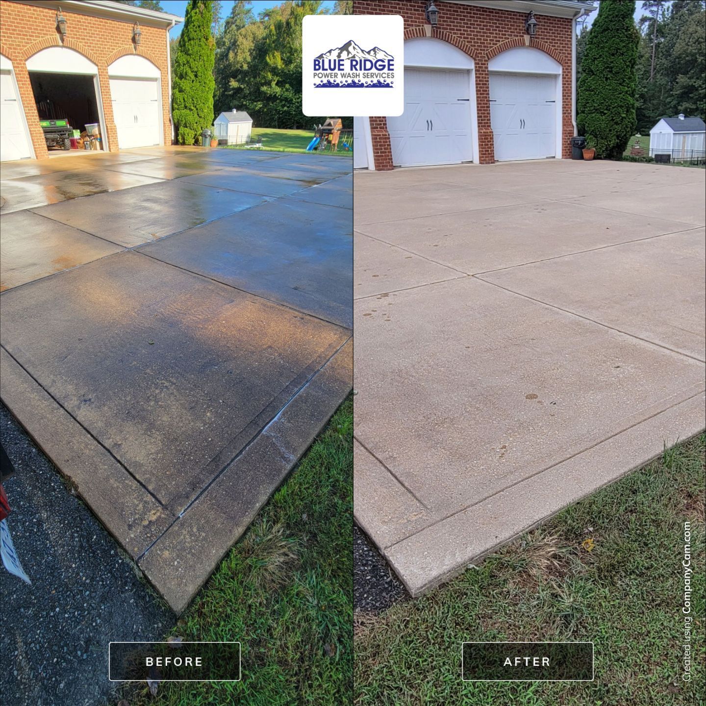 A before and after photo of a concrete driveway