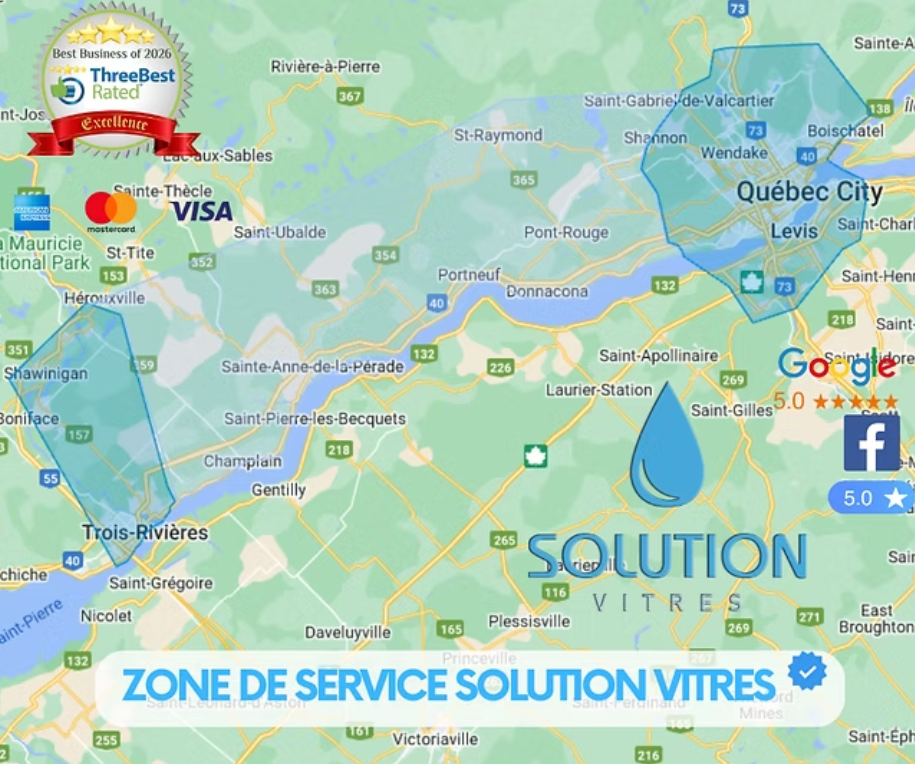Carte de la région de Québec avec marquage des zones de service et logos/textes de l'entreprise Solution Vitres.