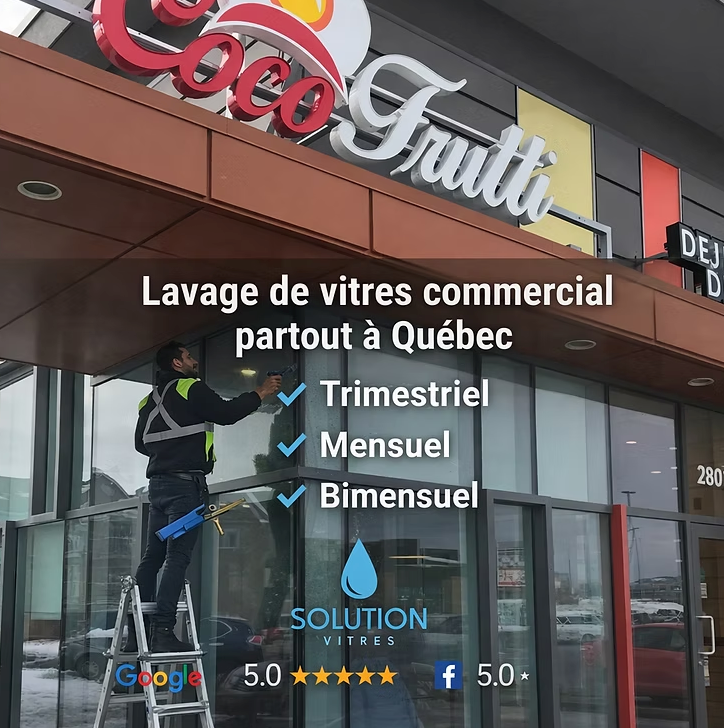 Un employé nettoie les vitrines du magasin Coco Fruits à Québec, avec un texte de service en français affiché en surimpression.