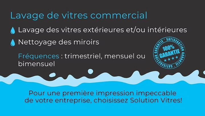 Publicité française pour le nettoyage de vitres commerciales, de miroirs et de vitrages intérieurs/extérieurs, en bleu et blanc.