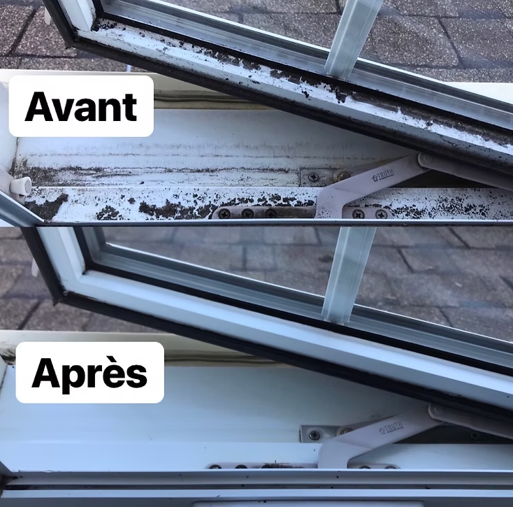 Fenêtre de toit avant/après, saleté visible avant et nettoyage après.