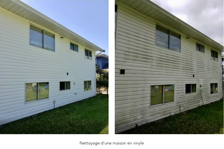 Comparaison avant/après de l'extérieur d'une maison blanche : à gauche, un mur avec un revêtement en vinyle nettoyé ; à droite, un mur avec un revêtement en vinyle sale.