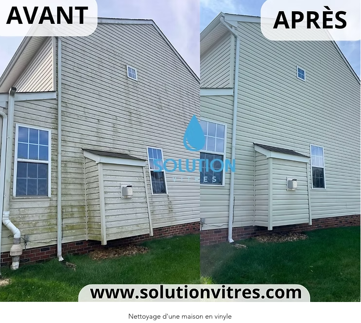 Avant et après le nettoyage d'un mur extérieur de maison, passant d'un revêtement beige sale à un revêtement blanc éclatant.