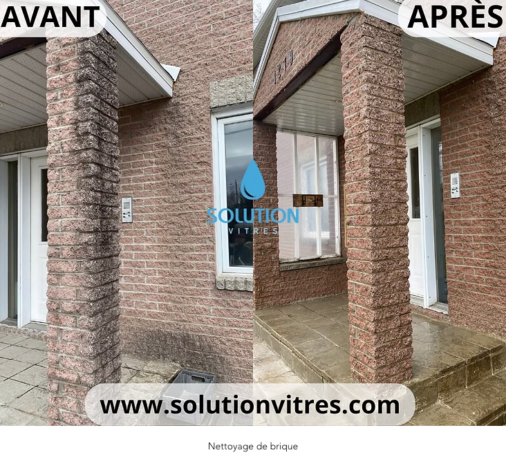 Avant/après d’un nettoyage de briques sur l’entrée d’une maison, avec colonnes nettoyées et façade plus claire