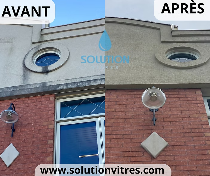 Avant et après la réparation d'une façade d'immeuble avec filigrane bleu « SOLUTION » et texte du site web.