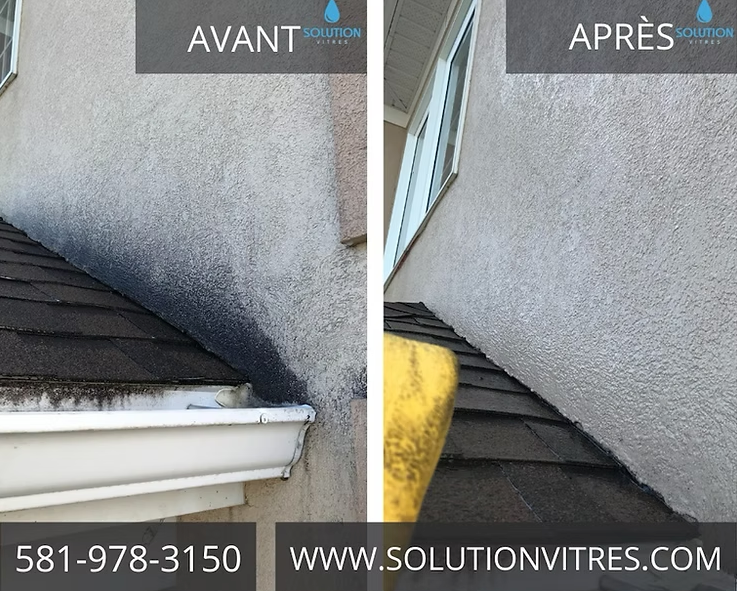 Photo avant/après du nettoyage d'un toit et d'un mur, montrant un avant-toit sale à côté d'une surface plus propre.