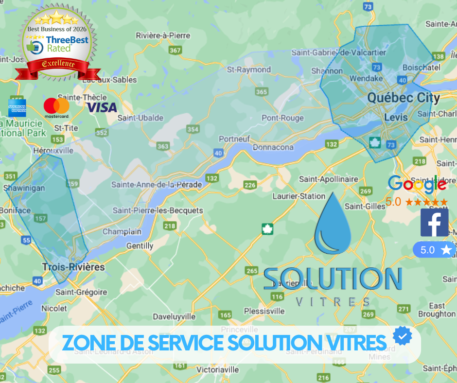Carte de la zone de service de la ville de Québec avec la marque Solution Vitres et les icônes des médias sociaux.